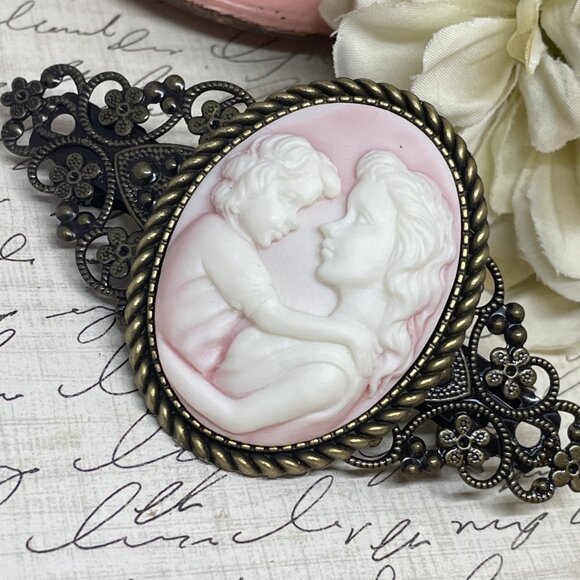 Pink White Mother Child Christmas Gift Mom New Cameo Pin Hair Clip Jewelry Comb - Picture 6 of 11